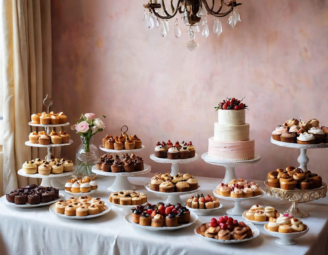 A beautifully arranged dessert table featuring an array of decadent pastries, cakes, and tarts fresh from the oven. Include an elegant baking setup in the background, showcasing utensils, measuring cups, and a cookbook opened to a dessert page. Soft warm lighting illuminates the mouth-watering treats, creating an inviting atmosphere. Style the image with soft focus and pastel colors for a dreamy effect. super-realistic. vibrant colors.