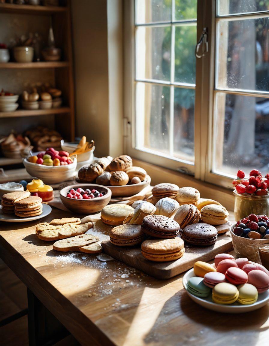 A rustic wooden table scattered with freshly baked artisan breads, intricate pastries, and colorful macarons, highlighted by delicate dusting of flour and vibrant fruits. Warm sunlight streaming through a nearby window, casting soft shadows, creating an inviting and cozy atmosphere. A skilled baker in an apron, passionately crafting a confectionery masterpiece in the background, surrounded by kitchen tools and ingredients. watercolor illustration. warm tones. soft focus.