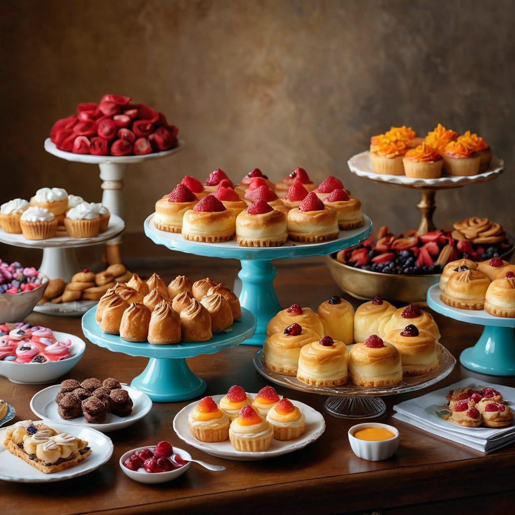 A beautifully arranged dessert table featuring an array of mouth-watering pastries, cakes, and cookies, showcasing icing techniques and vibrant colors. Include a baker in action, surrounded by baking tools, with a warm kitchen ambiance and floury textures. Highlight a colorful recipe book open beside the desserts for inspiration. super-realistic. vibrant colors. warm lighting.